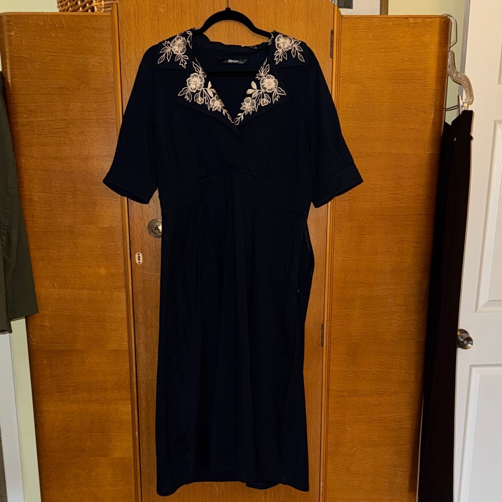 eShakti dark blue Midi Dress with Cream Floral Detail